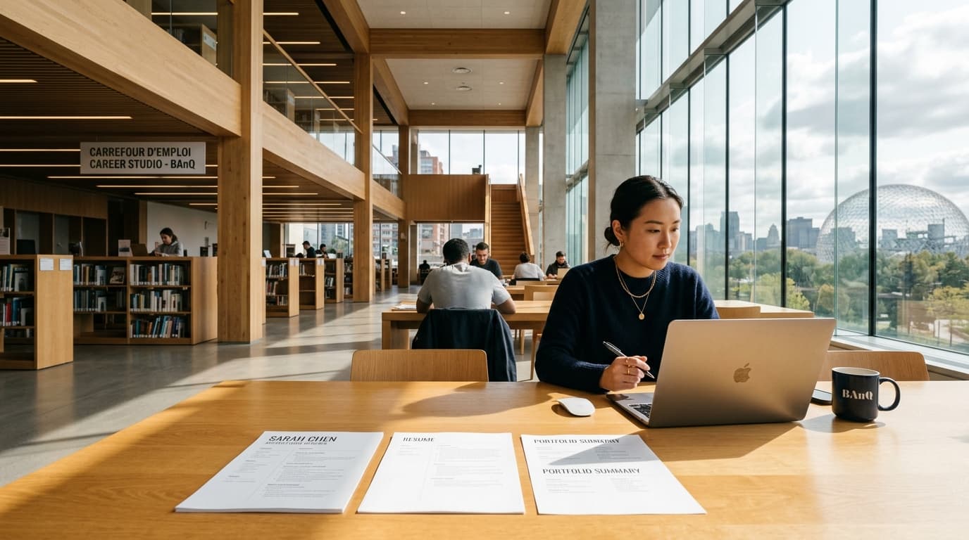 Modern Canadian career studio workspace with printed minimalist resume documents